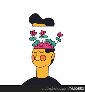 Mental health awareness people concept. Psychological problems of the head and body with mental health. Man with brain and flowers vector illustration
