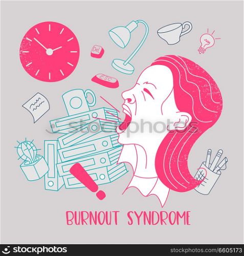 Mental health. Burnout syndrome. Chronic fatigue. Depression. Mental disorder. The woman screams in rage. She can not do the job. Vector illustration.