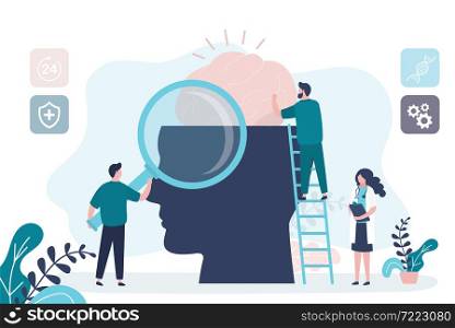 Mental health care treatment concept. Specialist doctor work to give psychology therapy. Tiny people, teamwork. Funny characters in trendy style. Medical staff on ladder. Flat vector illustration. Mental health care treatment concept. Specialist doctor work to give psychology therapy. Tiny people, teamwork.