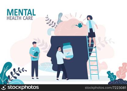 Mental health care treatment. Doctor stands on stairs with watering can. Group of neurologists treat patient. Concept of brain care and psychotherapy. Psychological help. Flat vector illustration. Mental health care treatment. Doctor stands on stairs with watering can. Group of neurologists treat patient