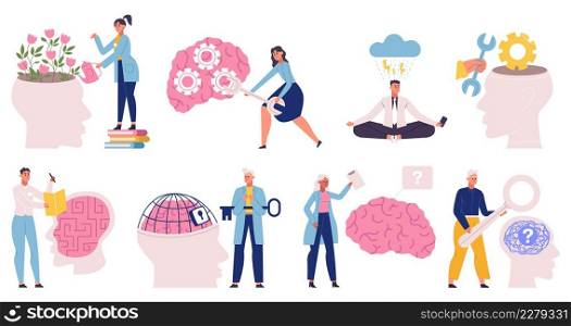 Mental health, cognitive brain support, stress therapy. Emotional disorder and medical therapy vector illustration set. Doctor help with anxiety issues, solving maze, overcoming depression. Mental health, cognitive brain support, stress therapy. Emotional disorder and medical therapy vector illustration set. Doctor help with anxiety issues