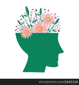 Mental health concept. Human head with flowers, love yourself and clean mind vector illustration. Mental health, flower in head, meditation and mindfulness. Mental health concept. Human head with flowers, love yourself and clean mind vector illustration