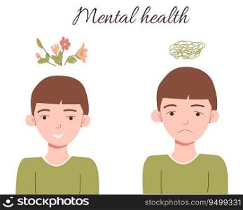 mental health concept sad and happy boy . Vector illustration litlle boy and mental problems. 