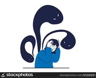Mental health concept with character situation. Frightened woman experiencing panic attack or phobia from monsters black silhouettes. Vector illustration with people scene in flat design for web