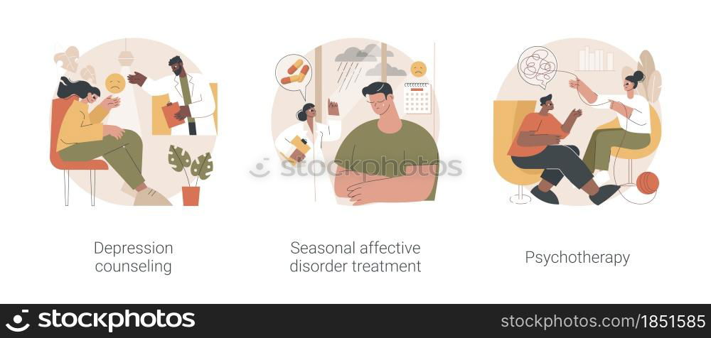 Mental health condition abstract concept vector illustration set. Depression counseling, seasonal affective disorder treatment, psychotherapy, behavioral cognitive therapy abstract metaphor.. Mental health condition abstract concept vector illustrations.