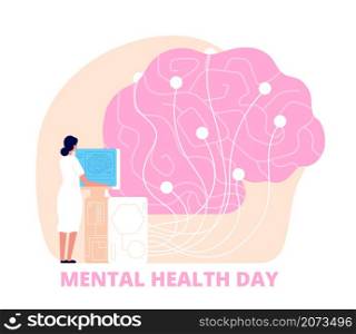 Mental health day. Healthcare, medical psychology poster. Doctor study human brain, mind care and research. Utter science vector background. Illustration healthcare medical poster, international day. Mental health day. Healthcare, medical psychology poster. Doctor study human brain, mind care and research. Utter science vector background