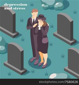 Mental health depression stress isometric composition on coping with grief loss death of loved one vector illustration