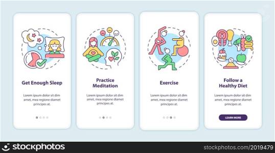 Mental health during pregnancy onboarding mobile app page screen. Get enough sleep walkthrough 4 steps graphic instructions with concepts. UI, UX, GUI vector template with linear color illustrations. Mental health during pregnancy onboarding mobile app page screen