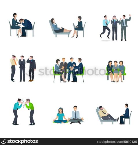 Mental health flat icons set. Mental health maintaining methods of group therapy and psychoanalytic appointment flat icons set abstract isolated vector illustration
