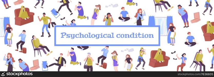 Mental health flat pattern with people characters colorful figurines in different psychological conditions vector illustration