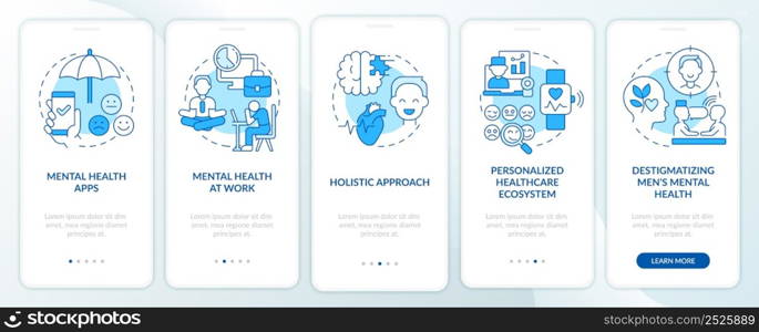 Mental health improving trends blue onboarding mobile app screen. Therapy walkthrough 5 steps graphic instructions pages with linear concepts. UI, UX, GUI template. Myriad Pro-Bold, Regular fonts used. Mental health improving trends blue onboarding mobile app screen