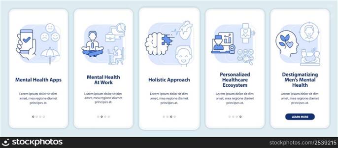 Mental health improving trends light blue onboarding mobile app screen. Walkthrough 5 steps graphic instructions pages with linear concepts. UI, UX, GUI template. Myriad Pro-Bold, Regular fonts used. Mental health improving trends light blue onboarding mobile app screen