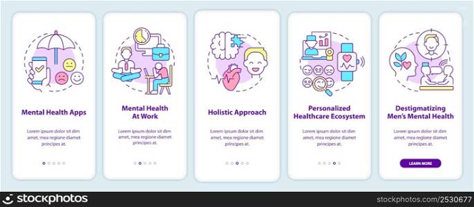 Mental health improving trends onboarding mobile app screen. Therapy walkthrough 5 steps graphic instructions pages with linear concepts. UI, UX, GUI template. Myriad Pro-Bold, Regular fonts used. Mental health improving trends onboarding mobile app screen