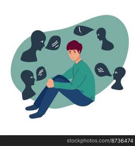 Mental Health Problem concept. Young woman surrounded by fears, negative emotions and bad thoughts holds her head. Psychological disorder or illness. Cartoon contemporary flat vector illustration