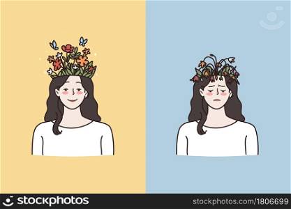 Mental health problems and contrasts concept. Young happy and sad woman having growing blossom and damaged flowers on head meaning mental state vector illustration . Mental health problems and contrasts concept