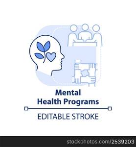 Mental health programs light blue concept icon. Psychology trend at work abstract idea thin line illustration. Isolated outline drawing. Editable stroke. Arial, Myriad Pro-Bold fonts used. Mental health programs light blue concept icon