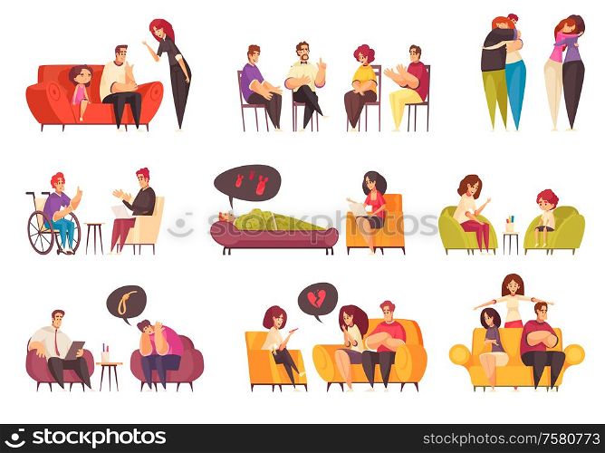 Mental health set representing medical help in psychology cabinets and people having therapy session with psychologist isolated vector illustration