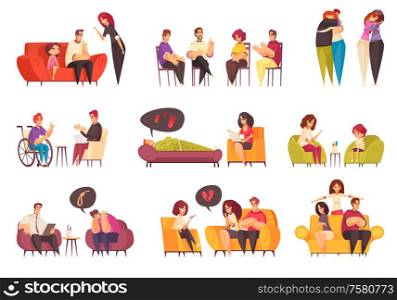 Mental health set representing medical help in psychology cabinets and people having therapy session with psychologist isolated vector illustration