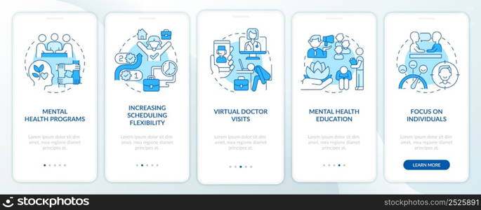 Mental health trends at work blue onboarding mobile app screen. Therapy walkthrough 5 steps graphic instructions pages with linear concepts. UI, UX, GUI template. Myriad Pro-Bold, Regular fonts used. Mental health trends at work blue onboarding mobile app screen