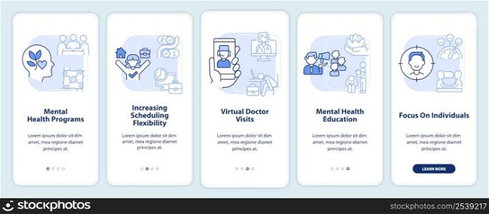 Mental health trends at work light blue onboarding mobile app screen. Walkthrough 5 steps graphic instructions pages with linear concepts. UI, UX, GUI template. Myriad Pro-Bold, Regular fonts used. Mental health trends at work light blue onboarding mobile app screen