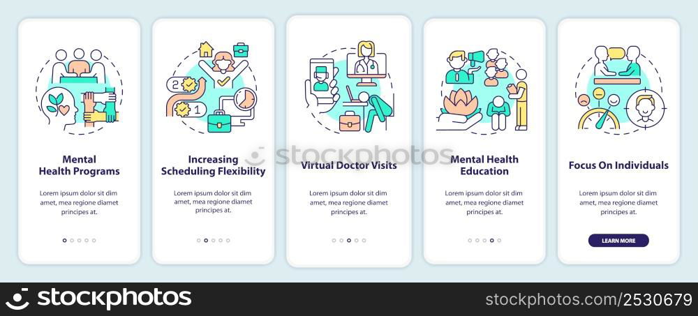 Mental health trends at work onboarding mobile app screen. Psychology walkthrough 5 steps graphic instructions pages with linear concepts. UI, UX, GUI template. Myriad Pro-Bold, Regular fonts used. Mental health trends at work onboarding mobile app screen