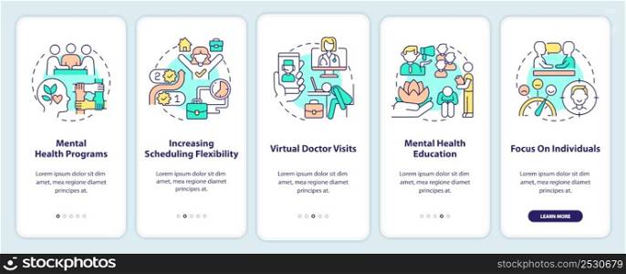Mental health trends at work onboarding mobile app screen. Psychology walkthrough 5 steps graphic instructions pages with linear concepts. UI, UX, GUI template. Myriad Pro-Bold, Regular fonts used. Mental health trends at work onboarding mobile app screen