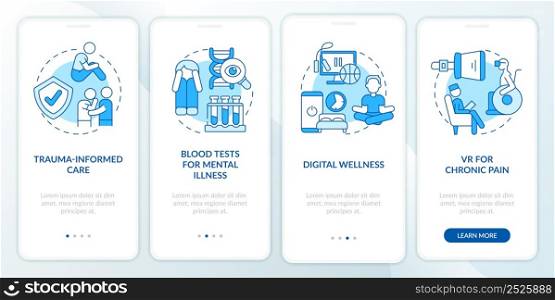 Mental health trends blue onboarding mobile app screen. Psychotherapy walkthrough 4 steps graphic instructions pages with linear concepts. UI, UX, GUI template. Myriad Pro-Bold, Regular fonts used. Mental health trends blue onboarding mobile app screen