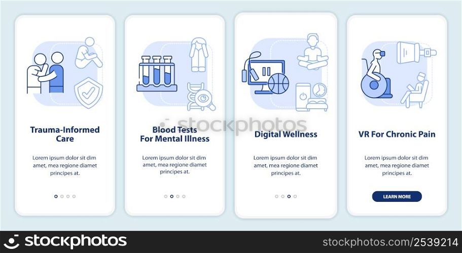 Mental health trends light blue onboarding mobile app screen. Psychology walkthrough 4 steps graphic instructions pages with linear concepts. UI, UX, GUI template. Myriad Pro-Bold, Regular fonts used. Mental health trends light blue onboarding mobile app screen