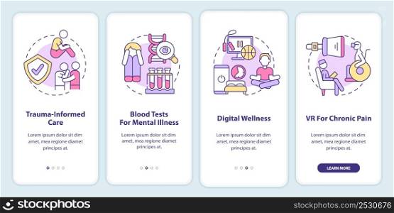 Mental health trends onboarding mobile app screen. Psychotherapy walkthrough 4 steps graphic instructions pages with linear concepts. UI, UX, GUI template. Myriad Pro-Bold, Regular fonts used. Mental health trends onboarding mobile app screen