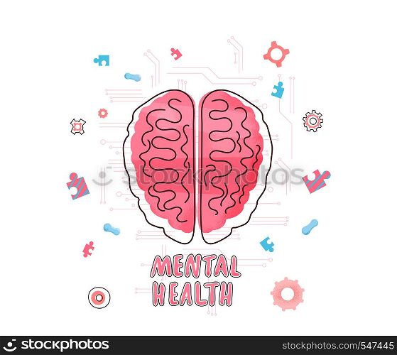 Mental health. Vector human brain with lettering and decoration.