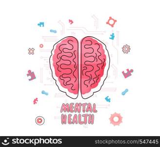 Mental health. Vector human brain with lettering and decoration.