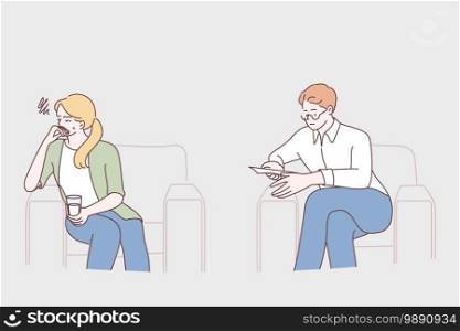 Mental help, psychology, misunderstanding concept. Serious man psychologist sitting and relying to calm crying unhappy depressed woman during consultation in clinic vector illustration. Mental help, psychology, misunderstanding concept