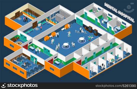 Mental Hospital Isometric Interior. Mental hospital isometric interior with office patients and staff common rooms and separate wards vector illustration