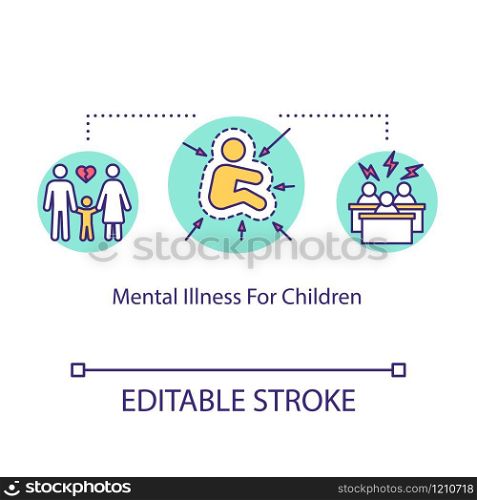 Mental illness for children concept icon. Pediatrics idea thin line illustration. Autism. Medical help for kids. Psychological problems. Vector isolated outline RGB color drawing. Editable stroke
