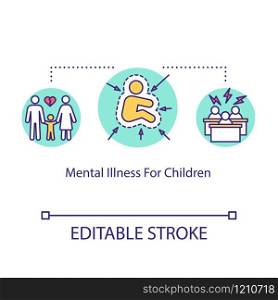Mental illness for children concept icon. Pediatrics idea thin line illustration. Autism. Medical help for kids. Psychological problems. Vector isolated outline RGB color drawing. Editable stroke