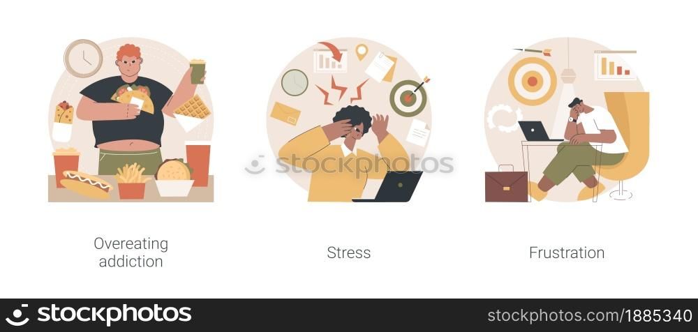 Mental problem abstract concept vector illustration set. Overeating addiction, stress and frustration, addictive food-related behavior, overworking, psychologist session, anxiety abstract metaphor.. Mental problem abstract concept vector illustrations.