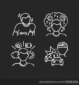 Mental problem chalk white icons set on black background. Tourette syndrom. Psychological disorder. Mood swing. Head damage from car accident. Isolated vector chalkboard illustrations. Mental problem chalk white icons set on black background
