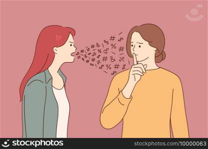 Mental problems, disorder, split personality concept. Angry young woman cartoon character screaming at another her personality with finger on lips gesture meaning silence with negative emotion. Mental problems, disorder, split personality concept