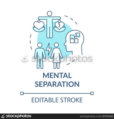Mental separation turquoise concept icon. Problem in relationship. Divorce abstract idea thin line illustration. Isolated outline drawing. Editable stroke. Roboto-Medium, Myriad Pro-Bold fonts used. Mental separation turquoise concept icon