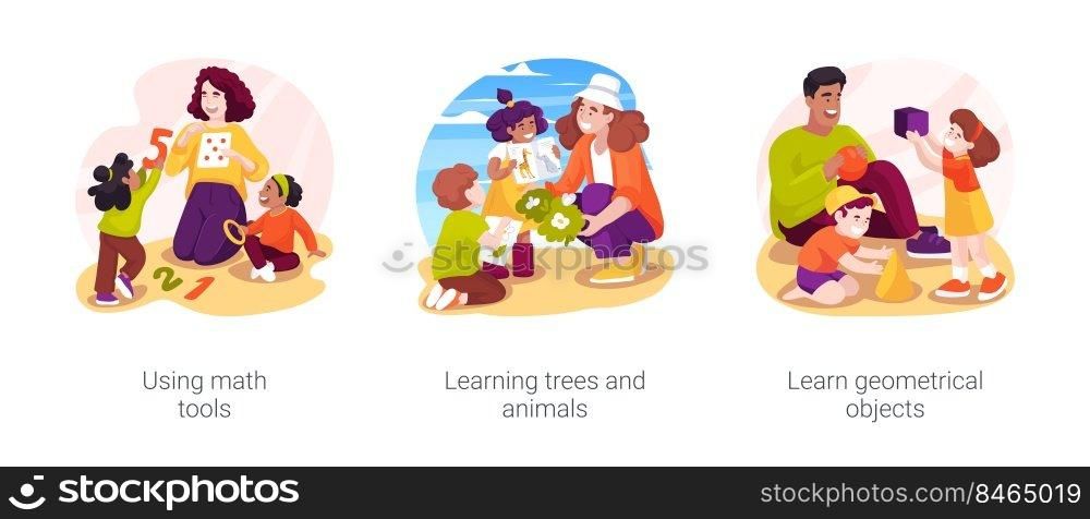 Mental skills development isolated cartoon vector illustration set. Using math tools, learning trees and animals, learn geometrical objects, daycare center, children in kindergarten vector cartoon.. Mental skills development isolated cartoon vector illustration set