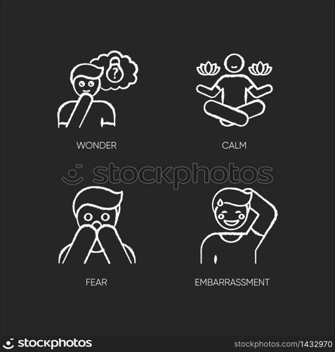 Mental state chalk white icons set on black background. Sense of wonder. Creative thinking. Man feeling calm. Fear from phobia. Person feeling shy. Isolated vector chalkboard illustrations. Mental state chalk white icons set on black background