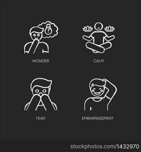 Mental state chalk white icons set on black background. Sense of wonder. Creative thinking. Man feeling calm. Fear from phobia. Person feeling shy. Isolated vector chalkboard illustrations. Mental state chalk white icons set on black background