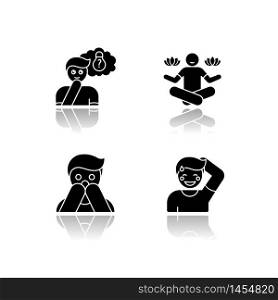 Mental state drop shadow black glyph icons set. Sense of wonder. Creative thinking. Man feeling calm. Fear from phobia. Person feeling shy. Panic attack. Isolated vector illustrations on white space. Mental state drop shadow black glyph icons set
