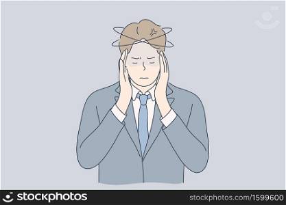 Mental stress, business, ache, depression, frustration, thinking concept. Young stressful depressed frustrated businessman clerk manager cartoon character holding head. Problems in work or headache.. Mental stress, business, ache, depression, frustration, thinking concept