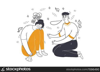 Mental stress, depression, support concept. Man guy cartoon character consoling comforting calming depressed anxious frustrated woman girl in mind disorder. World Suicide Prevention Day illustration.. Mental stress, depression, support concept