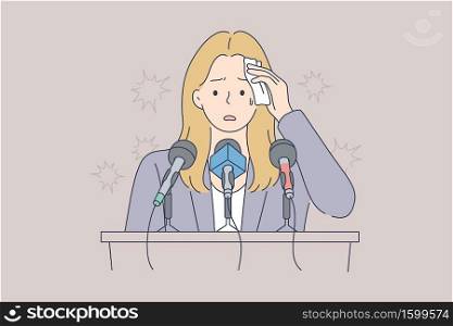 Mental stress, speech, psychology, business, conference concept. Young stressful worried businesswoman cartoon character standing on tribune suffering from fear of public speaking or panic attack.. Mental stress, speech, psychology, business, conference, lecture concept