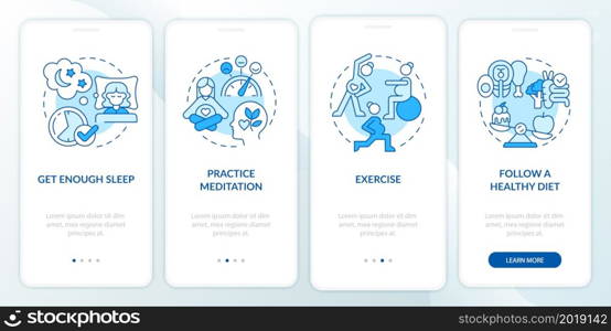 Mental wellbeing during pregnancy onboarding mobile app page screen. Meditation walkthrough 4 steps graphic instructions with concepts. UI, UX, GUI vector template with linear color illustrations. Mental wellbeing during pregnancy onboarding mobile app page screen