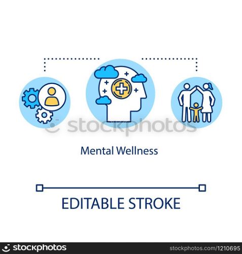 Mental wellness concept icon. Psychological health idea thin line illustration. Stress management. Positive thinking. Human intelligence. Vector isolated outline RGB color drawing. Editable stroke