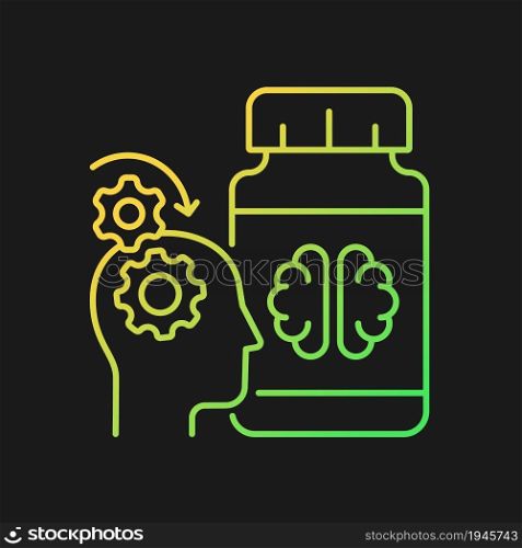 Mental work supplements gradient vector icon for dark theme. Natural brain enhancers. Nootropic medication. Thin line color symbol. Modern style pictogram. Vector isolated outline drawing. Mental work supplements gradient vector icon for dark theme