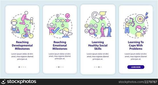Mentally healthy child onboarding mobile app screen. Age-specific tasks walkthrough 4 steps graphic instructions pages with linear concepts. UI, UX, GUI template. Myriad Pro-Bold, Regular fonts used. Mentally healthy child onboarding mobile app screen